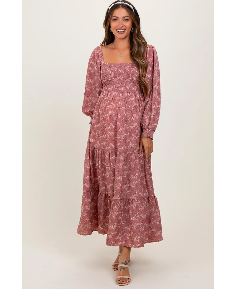 Pinkblush Mauve Floral Smocked Square Neck Maternity Maxi Dress