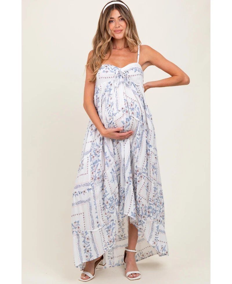 Pinkblush Light Blue Hi-Lo Spaghetti Strap Patchwork Ruffle Maternity Maxi Dress