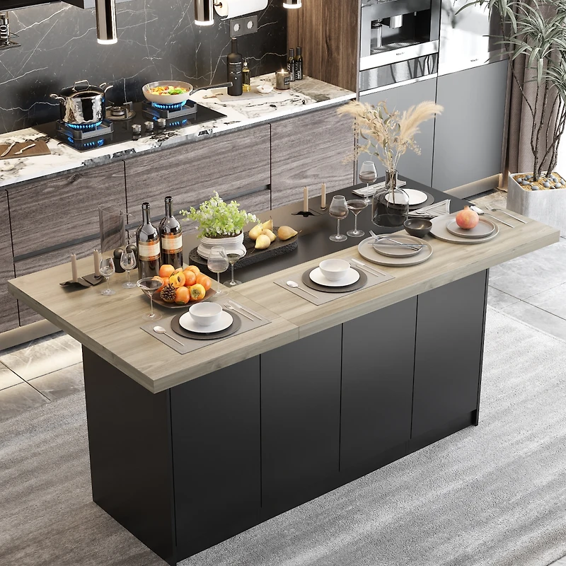 Kitchen island with 8 doors, island storage table with dining table, coffee station and microwave rack for home, dining room