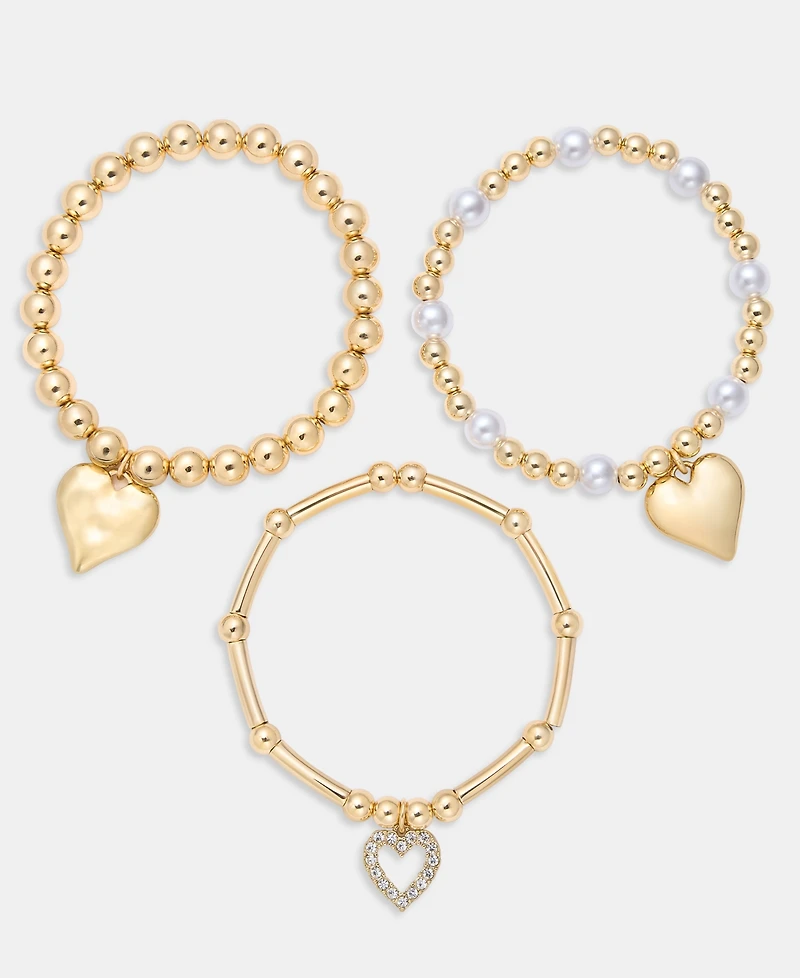 I.n.c. International Concepts 3-Pc. Set Pave Heart Imitation Pearl Beaded Stretch Bracelets, Macy's Exclusive