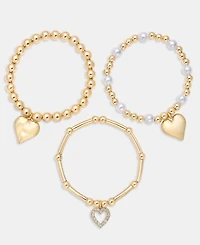 I.n.c. International Concepts 3-Pc. Set Pave Heart Imitation Pearl Beaded Stretch Bracelets, Macy's Exclusive