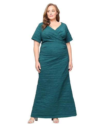 Alex Evenings Plus Long Crinkle Stretch Taffeta Dress