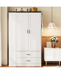 Likimio Wardrobe with Large Mirror, 2 Doors, 2 Drawers, and 2 Shelves, White
