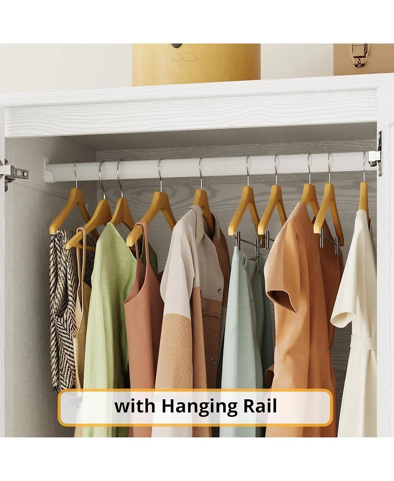 Wooden Wardrobe with 4 Storage Shelves and Hanging Rod, White