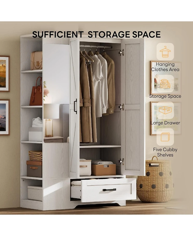 Likimio Wooden Wardrobe with Mirror, 2 Doors, Drawer, and Shelves, White