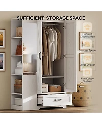 Likimio Wooden Wardrobe with Mirror, 2 Doors, Drawer, and Shelves, White