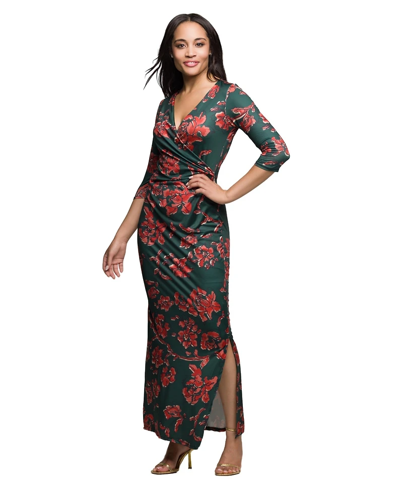 24seven Comfort Apparel Women's Green Floral Print Three Quarter Sleeve Dress