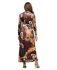 24seven Comfort Apparel Women's Brown Paisley Belt Waist Maxi Dress