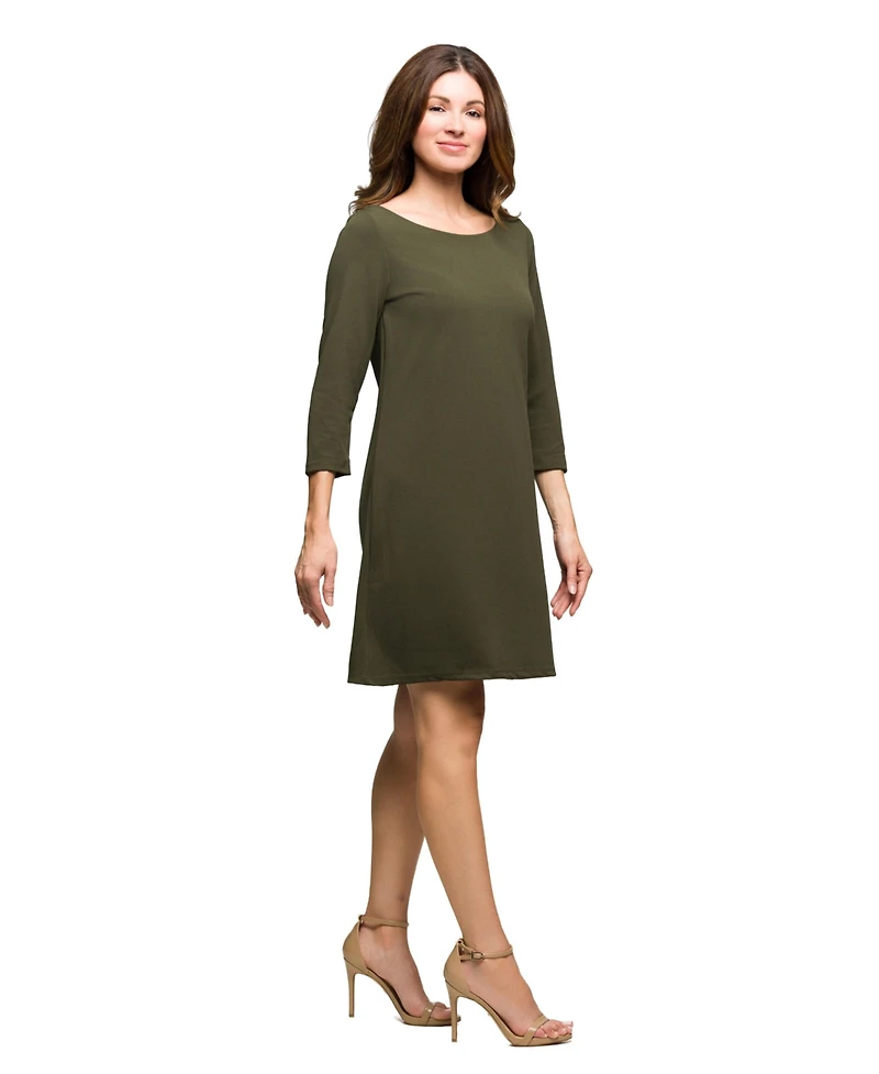24seven Comfort Apparel Women's Three Quarter Sleeve A Line Knee Length Dress