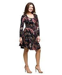 24seven Comfort Apparel Women's Black Paisley Print Long Sleeve Fit and Flare Dress