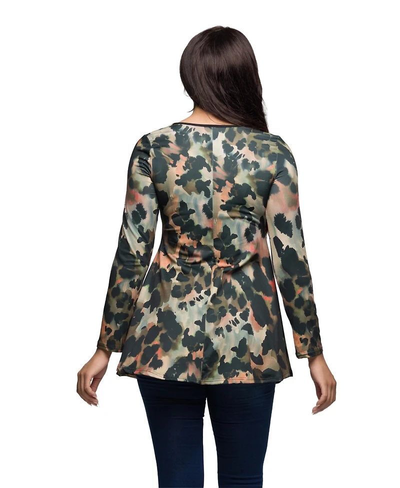 24seven Comfort Apparel Women's Multiprint Long Sleeve Scoop Neck Top