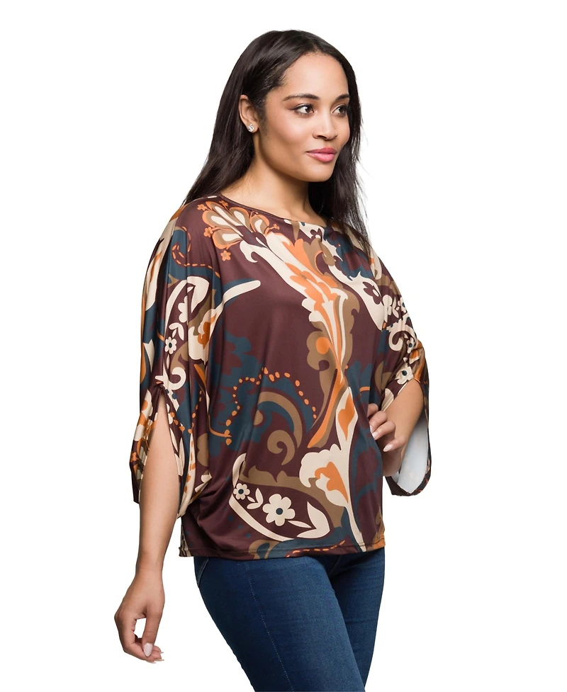 24seven Comfort Apparel Women's Brown Paisley Print Dolman Sleeve Top