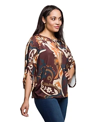 24seven Comfort Apparel Women's Brown Paisley Print Dolman Sleeve Top