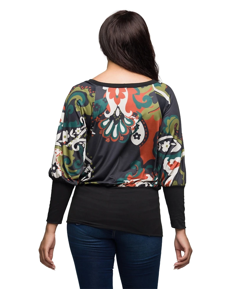 24seven Comfort Apparel Women's Paisley Multicolor Print Dolman Sleeve Banded Top