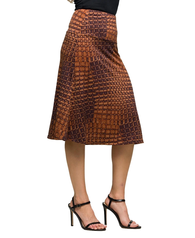 24seven Comfort Apparel Women's Brown Geometric Print Knee Length Skirt