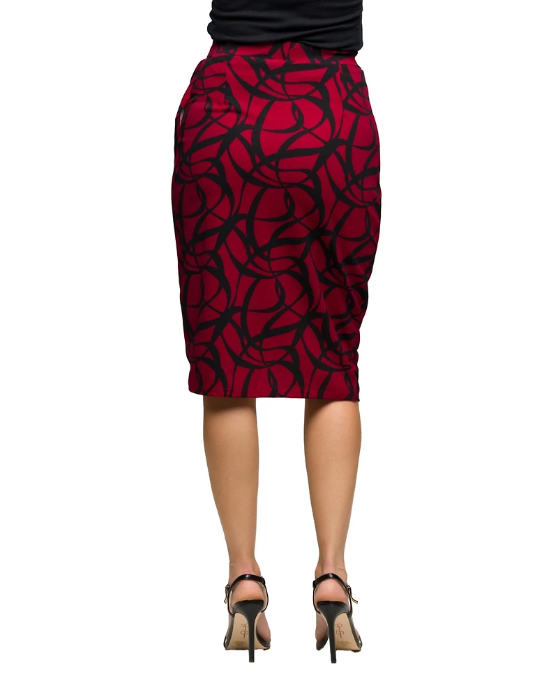 24seven Comfort Women's Apparel Burgundy Print Ruched Knee Length Skirt