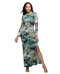 24seven Comfort Apparel Women's Green Paisley Print Long Sleeve Side Slit Maxi Dress
