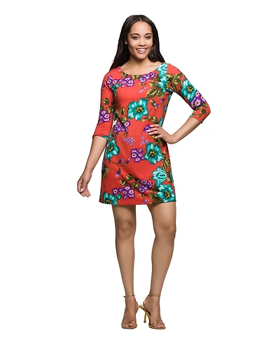 24seven Comfort Apparel Women's Orange Floral Print Three Quarter Sleeve A Line Knee Length Dress