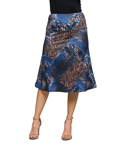 24seven Comfort Apparel Women's Blue Animal Print Knee Length Skirt