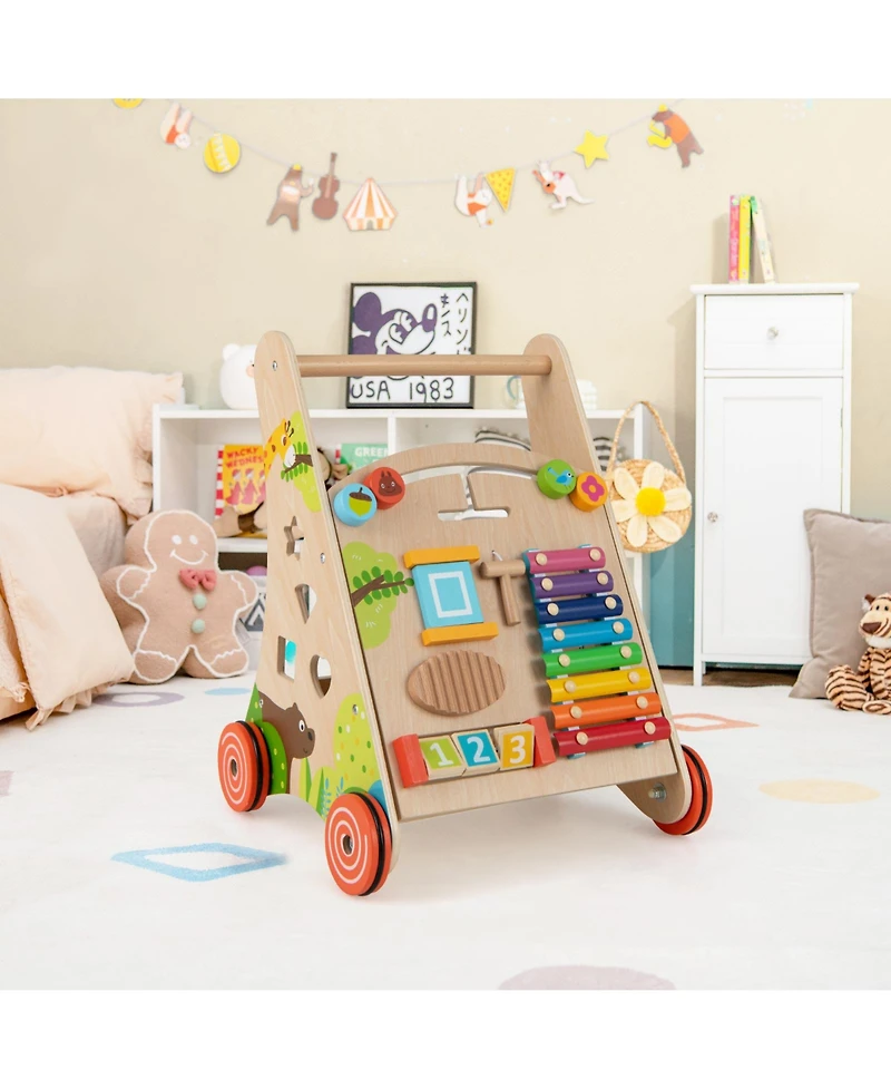 Gymax Wooden Baby Walker Baby Push Walker w/ Handle Storage & Wheels Walker Toy