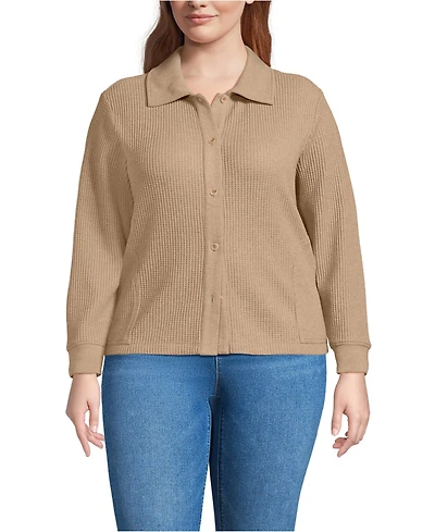 Lands' End Women's Plus Long Sleeve Waffle Collared Shacket