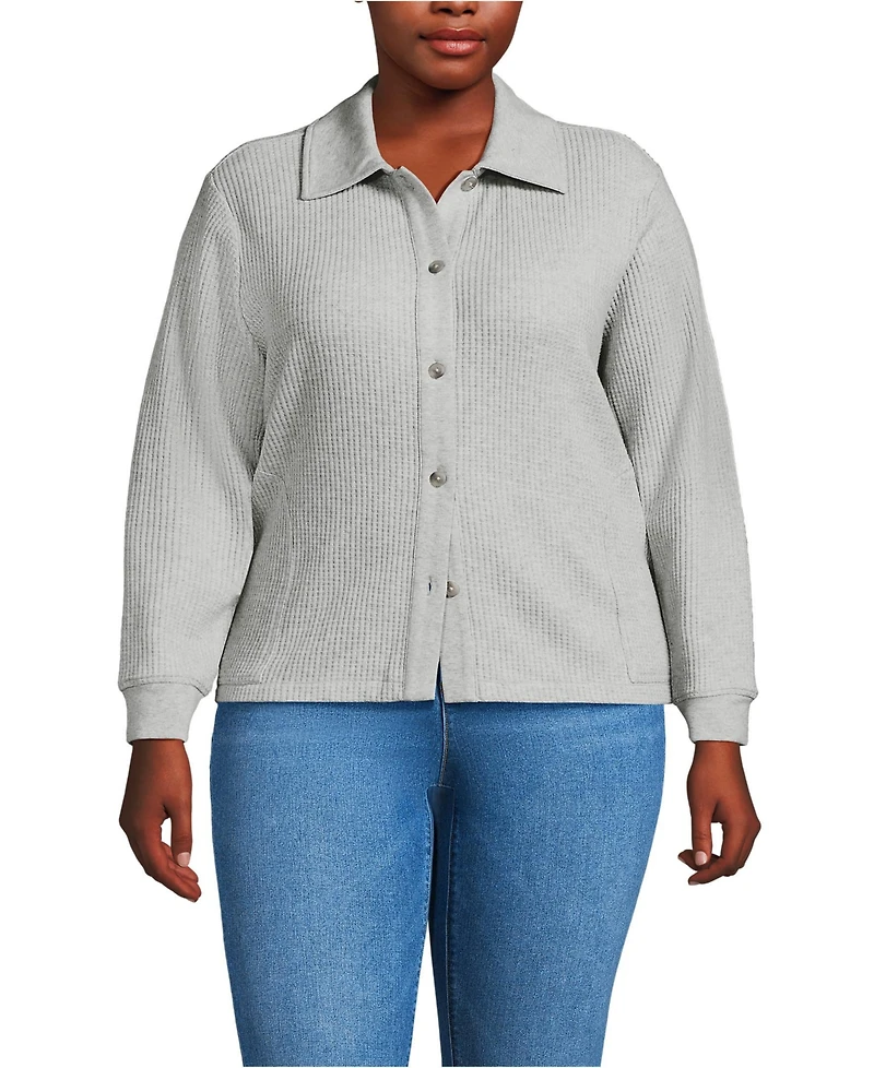 Lands' End Women's Plus Long Sleeve Waffle Collared Shacket
