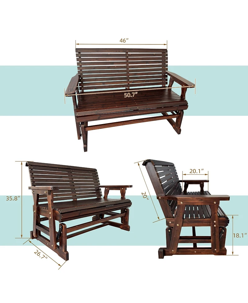 Mega Casa Wooden Patio Glider with High Roll Back and Deep Contoured Seat, Solid Fir Wood, 2-Seater, Heavy Duty 800 Lbs, 4 Feet (Deep Brown)