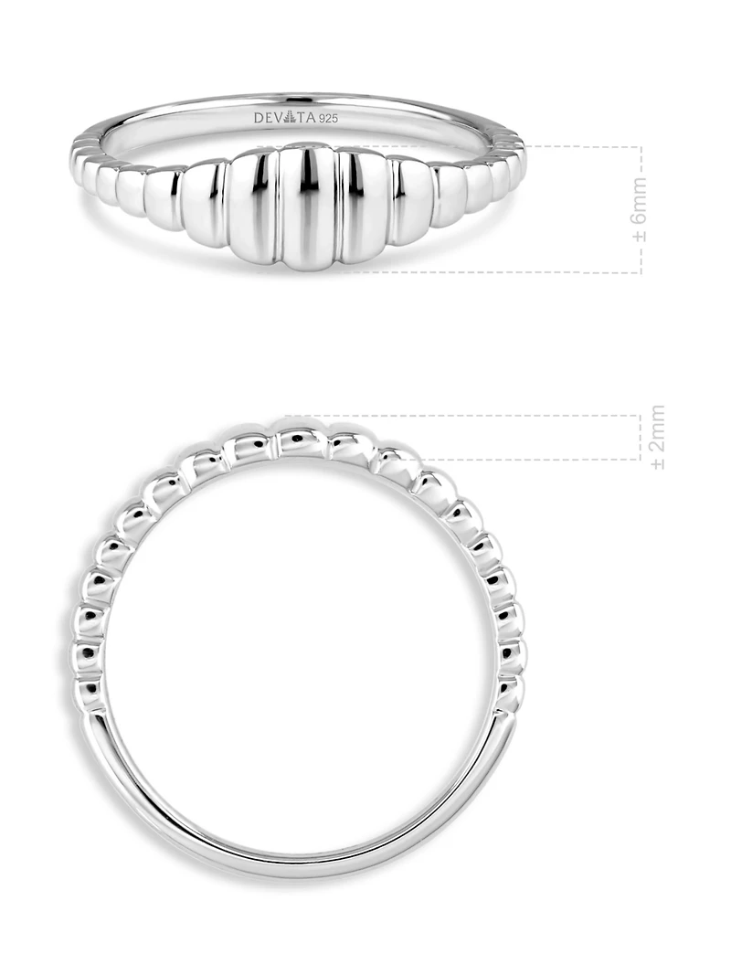 Devata Ribbed Ring in Rhodium Plated Sterling Silver, Size 9