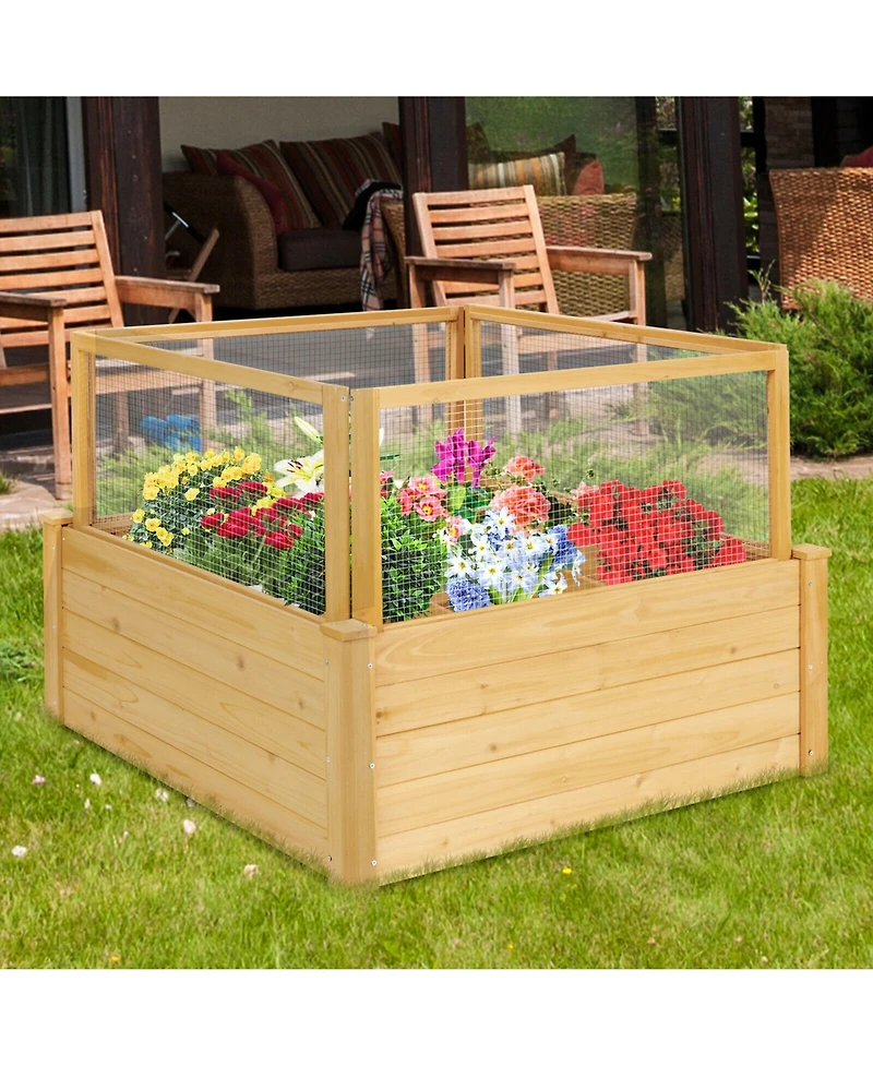 Gymax Raised Garden Bed Guard Fence Wooden Garden Box with 9 Grids & Critter