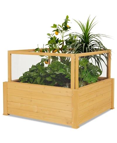 Gymax Raised Garden Bed Guard Fence Wooden Garden Box with 9 Grids & Critter