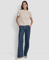 Dkny Jeans Petite Open-Stitch Crewneck Sweater
