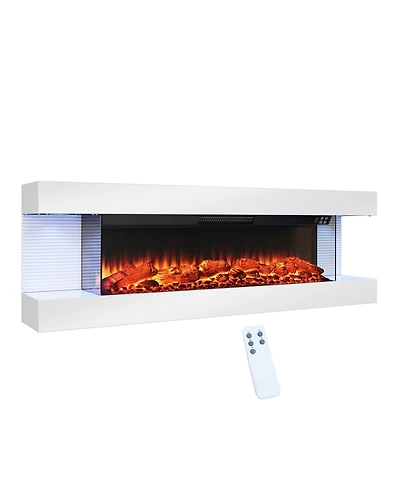 Clihome Sided Wall Mounted Led Electric Fireplace With Floating Mantel,Remote Control Adjustable Heat