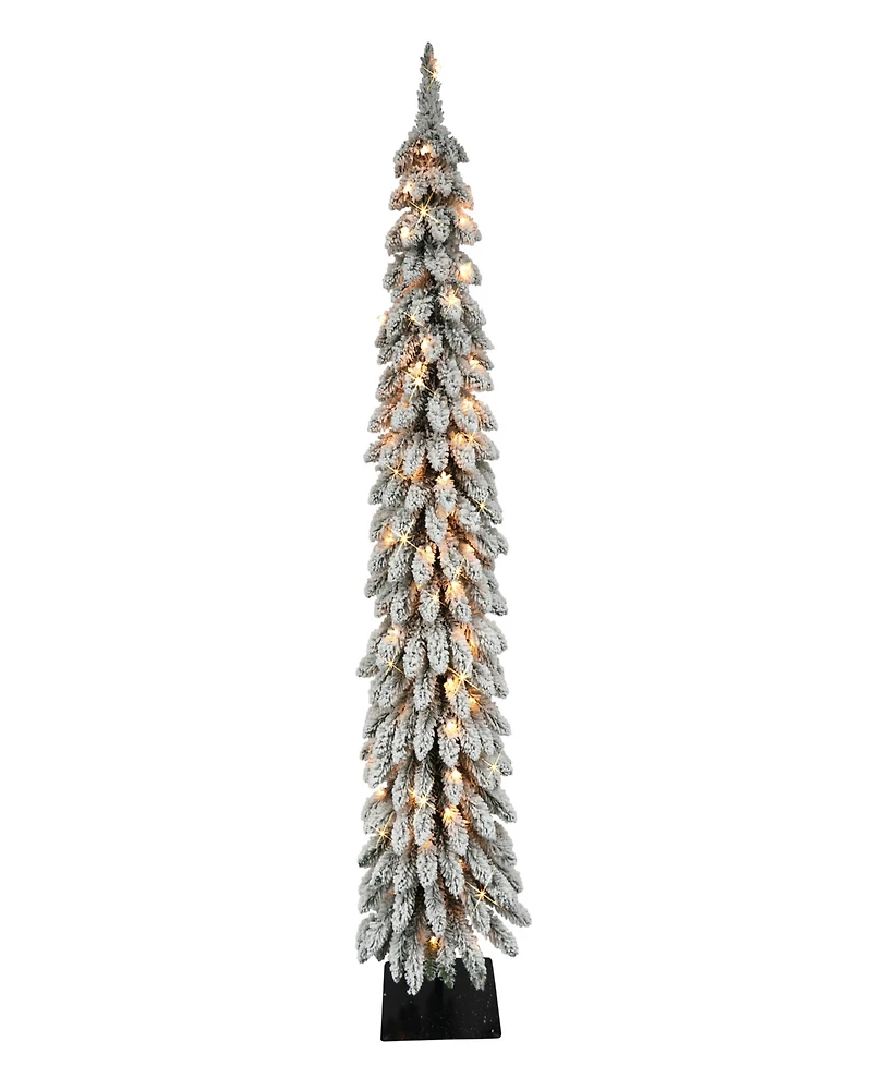 Puleo 6FT Pre-Lit Flocked Alpine Pencil Artificial Christmas Tree