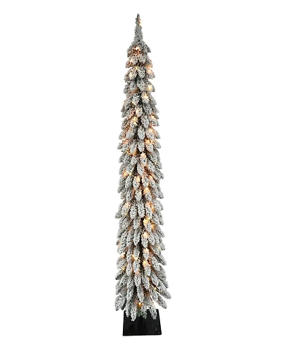 Puleo 6FT Pre-Lit Flocked Alpine Pencil Artificial Christmas Tree