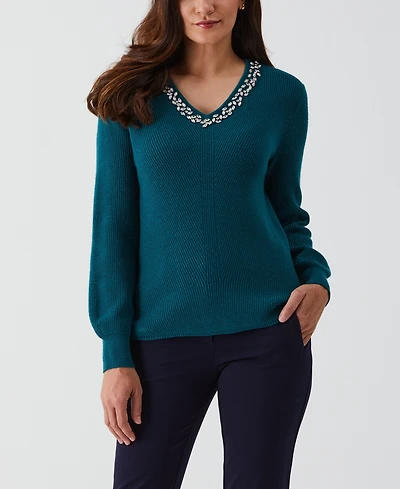 Ella Rafaella Petite Embellished V-Neck Long Sleeve Sweater
