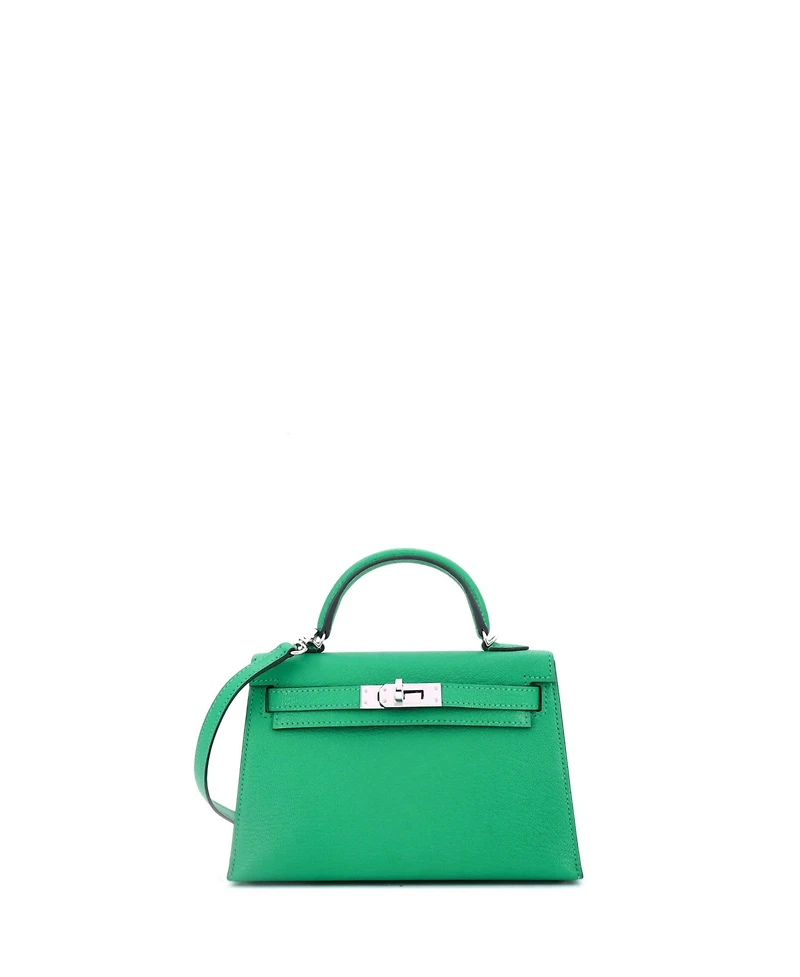 Pre-Owned Hermes Kelly 20 Handbag Green Chevre Mysore with Palladium Hardware