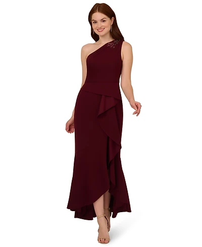 Adrianna Papell Petite Beaded Ruffled One-Shoulder Gown