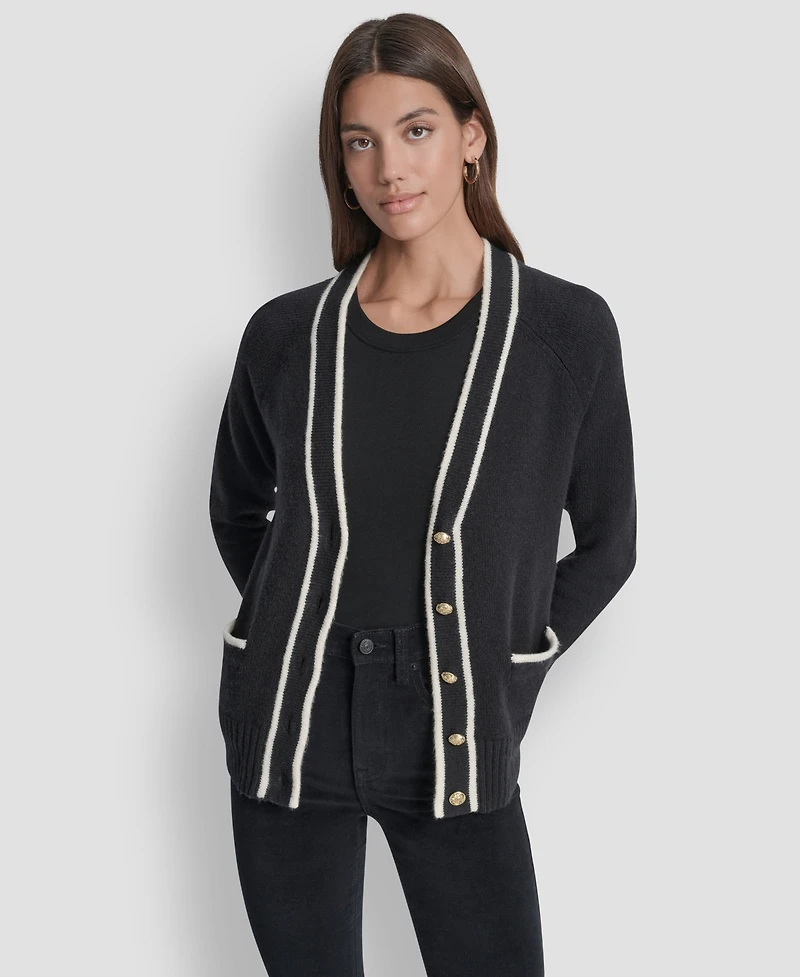 Dkny Jeans Women's Long Sleeve Tipped V-Neck Cardigan Sweater