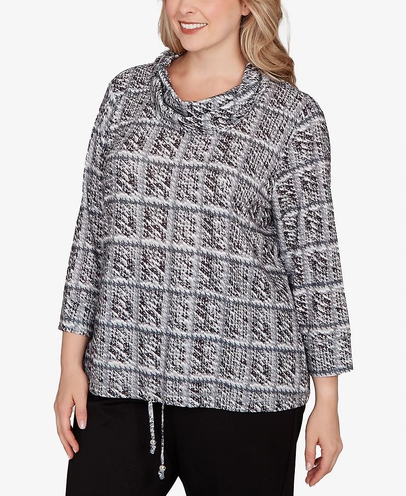 Hearts Of Palm Plus Printed 3/4 Sleeve Cowl Neck Blouson Top