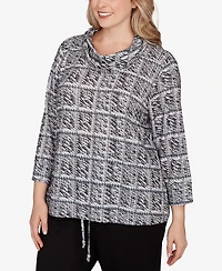 Hearts Of Palm Plus Printed 3/4 Sleeve Cowl Neck Blouson Top
