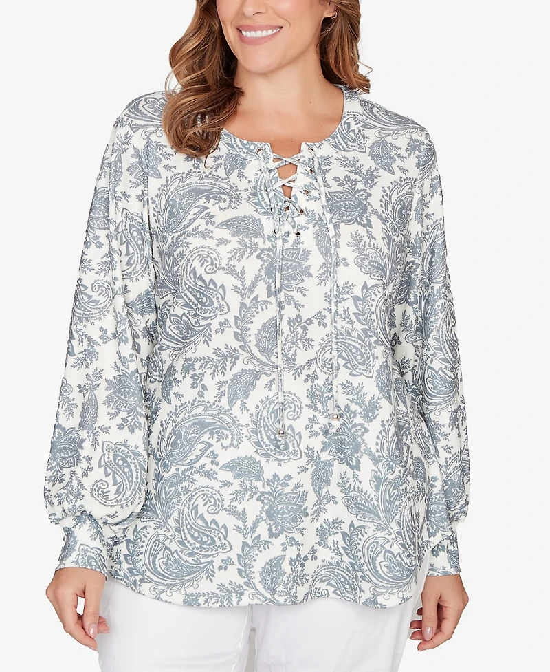Hearts Of Palm Plus Printed Long Sleeve Hatchi Lace Neck Tunic Top