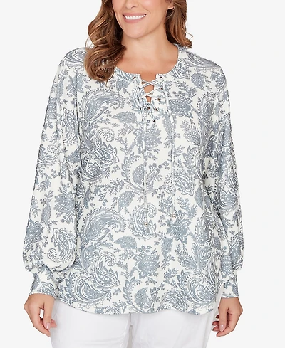 Hearts Of Palm Plus Printed Long Sleeve Hatchi Lace Neck Tunic Top