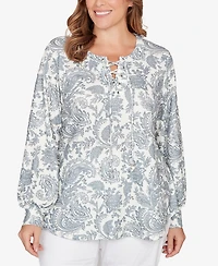 Hearts Of Palm Plus Printed Long Sleeve Hatchi Lace Neck Tunic Top