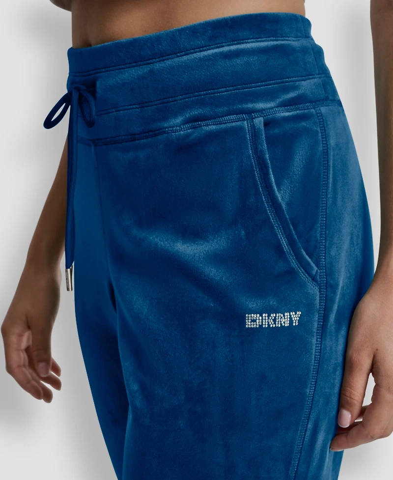 Dkny Women's Platinum Velour Rhinestone Logo Slim Fit Joggers