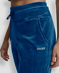 Dkny Women's Platinum Velour Rhinestone Logo Slim Fit Joggers