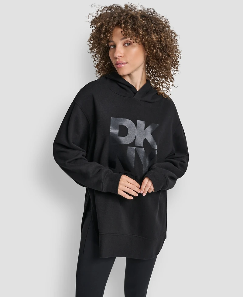 Dkny Women's Satin Logo Oversized Tunic Hoodie