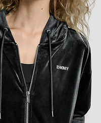 Dkny Women's Platinum Velour Rhinestone Logo Full-Zip Hoodie