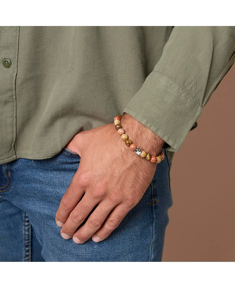 Lucky Brand Red Jasper Mens Bracelet, Stretch Beaded Bracelet for Men with Clover Logo and Jasper Beads
