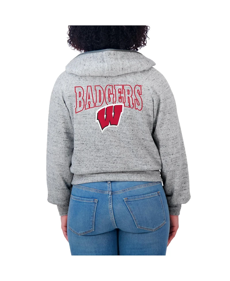 Wear by Erin Andrews Women'sHeather Gray Wisconsin Badgers Speckle Double-Hit Raglan Full-Zip Hoodie