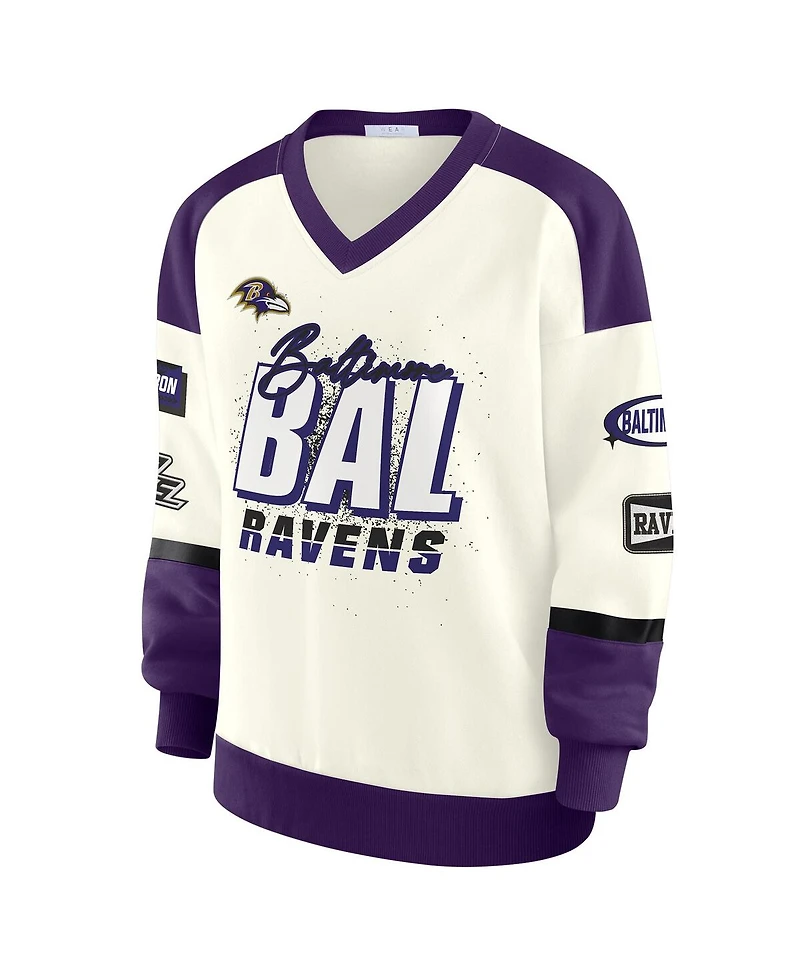 Wear by Erin Andrews Women's Cream Baltimore Ravens Racing Crew V-Neck Sweatshirt